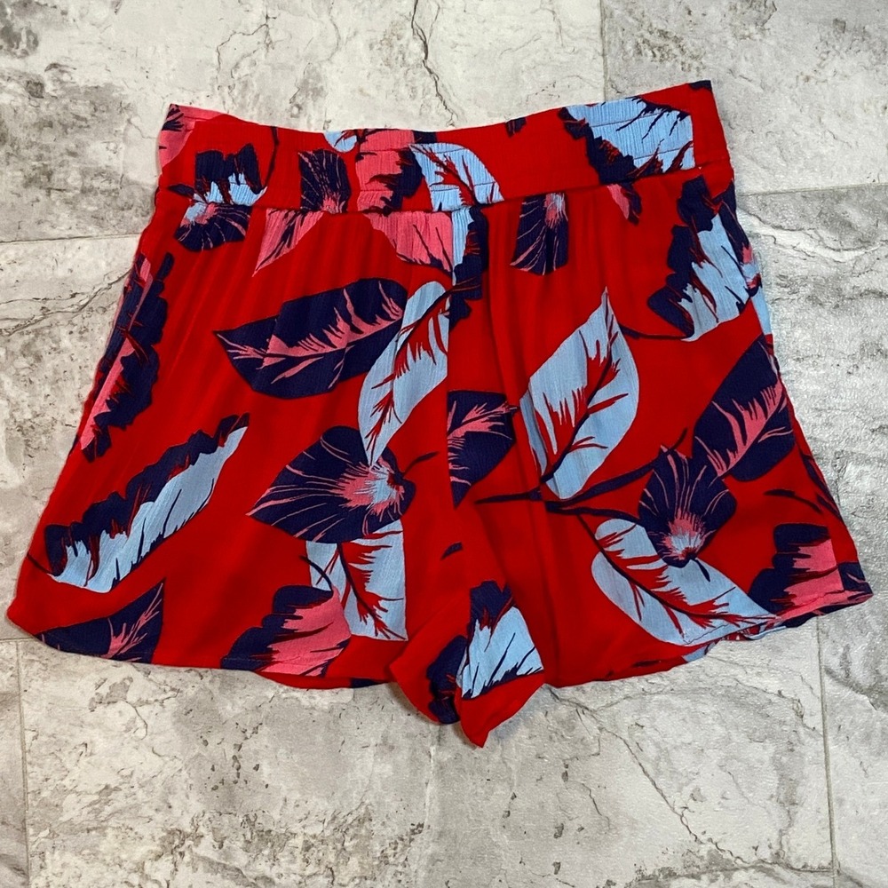Express Women's High Rise Tropical Leaf Print Rayon Shorts Red Blue Size Small - Picture 2 of 6